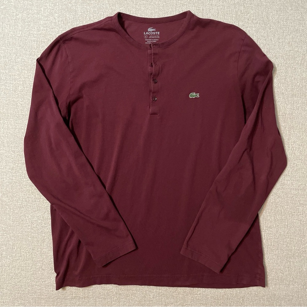 Lacoste Men's XL 100% Pima Cotton Long-Sleeve Henley Shirt in Burgundy
